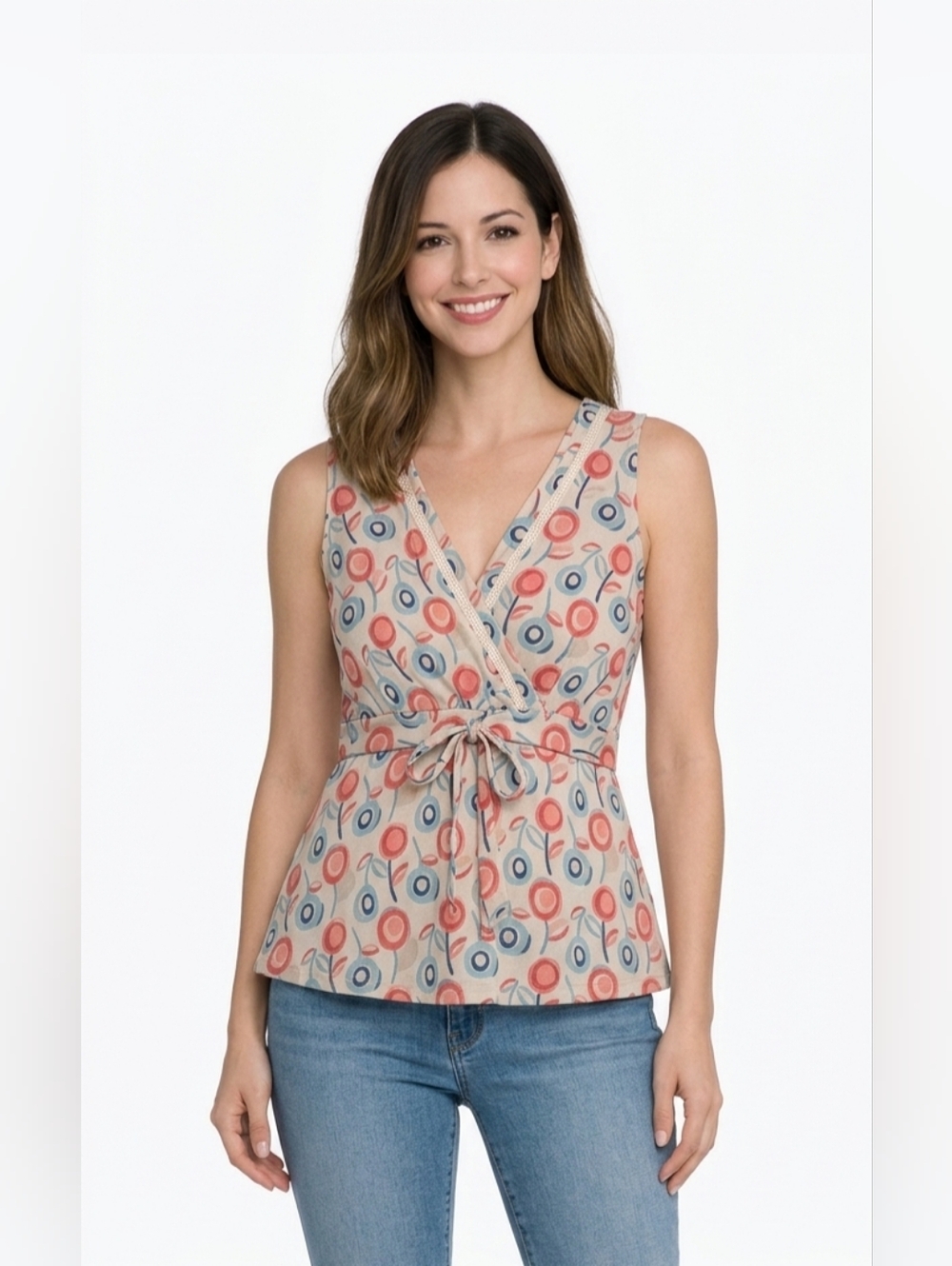 Tm &Style Cotton Floral V-Neck Wrap Tunic XL Sleeveless Boho Summer Casual Chic